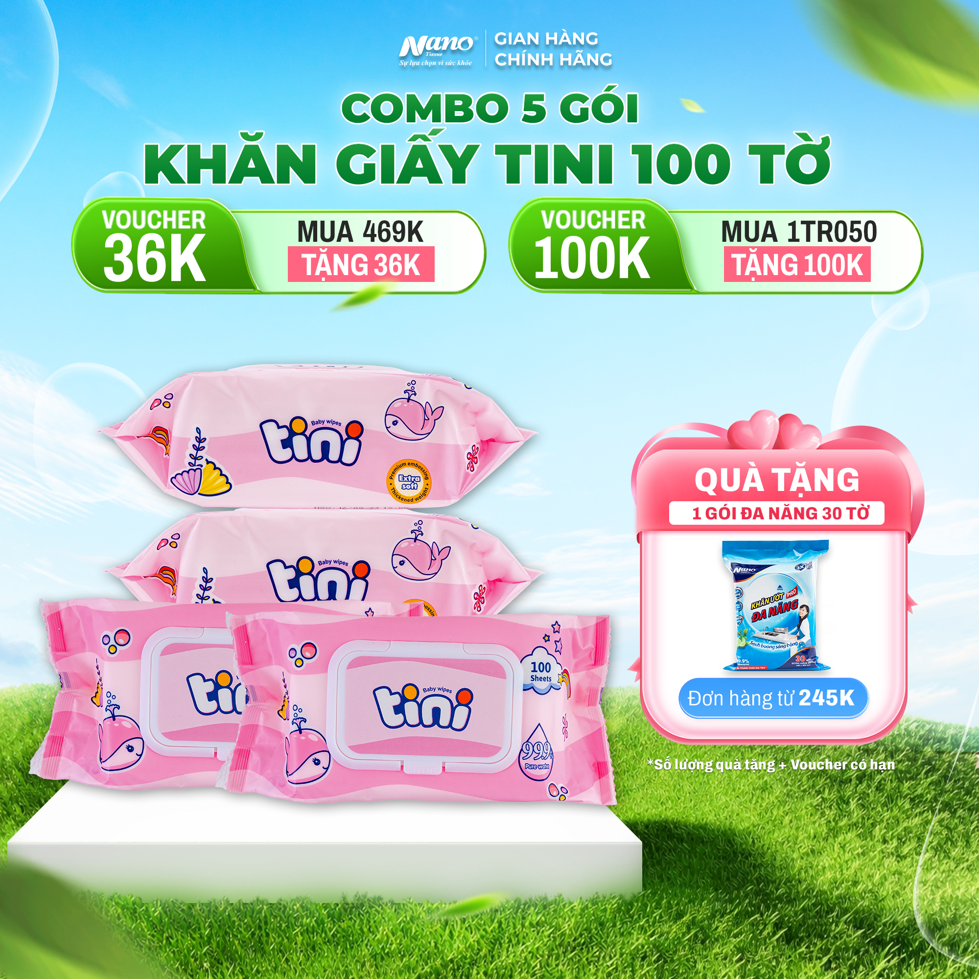 Khăn ướt Tini 100 Hương phấn